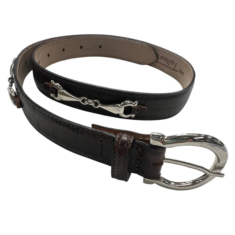 Vintage Talbots Belt Women L Brown Croc Embossed Italian Leather Horsebit Buckle